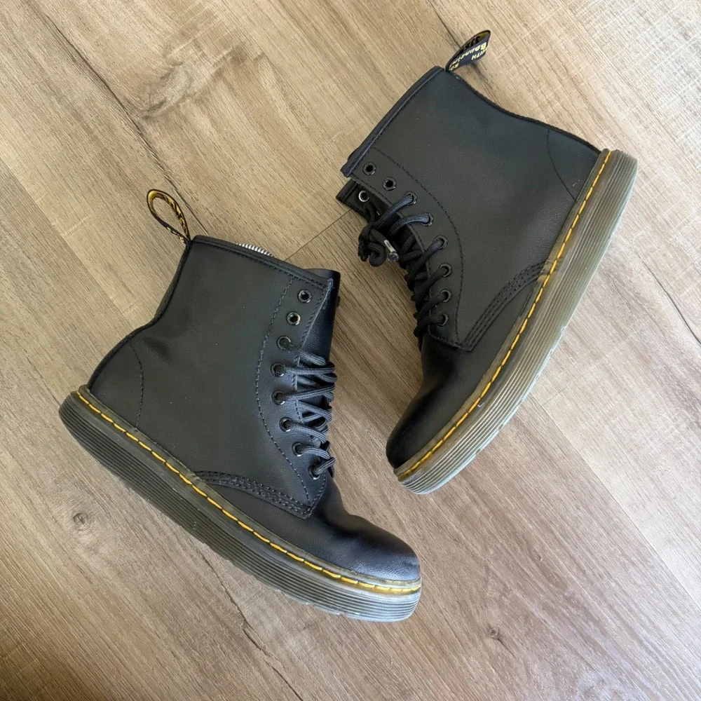 Dr. Martens Kids Zavala J Black Leather Lace Up Side Zip Combat Boots Size 3 US